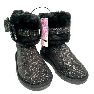 Kensie Girl Faux Fur Cuffed Winter Ankle Boot w/Bow Youth Girl 4 Black Shimmer